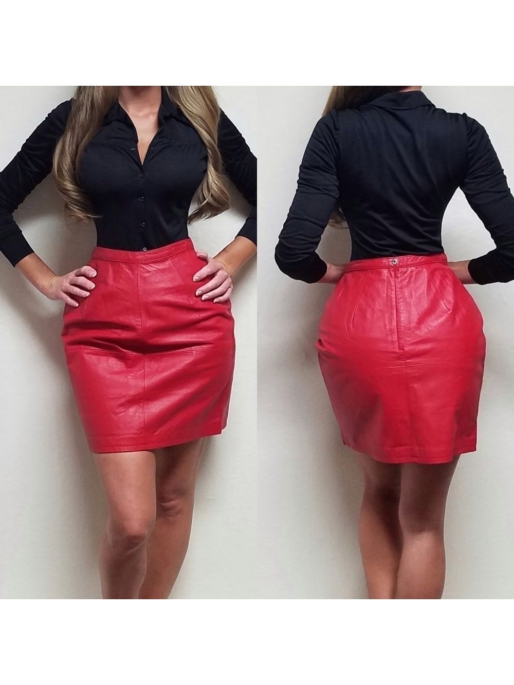 Vintage Deadstock Newport News Fiery Red Leather High Rise Paneled Mini Skirt 10
